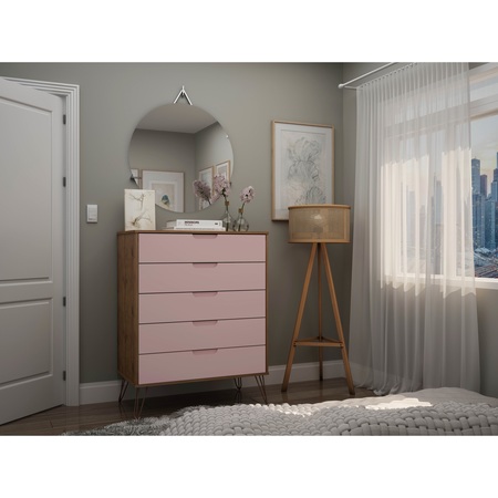 Manhattan Comfort Rockefeller 5-Drawer Tall Dresser in Nature and Rose Pink 154GMC6